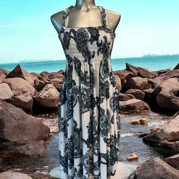 $10 Add-On ✅Elegant Blue and White Paisley Midi Dress - Picture 2 of 16